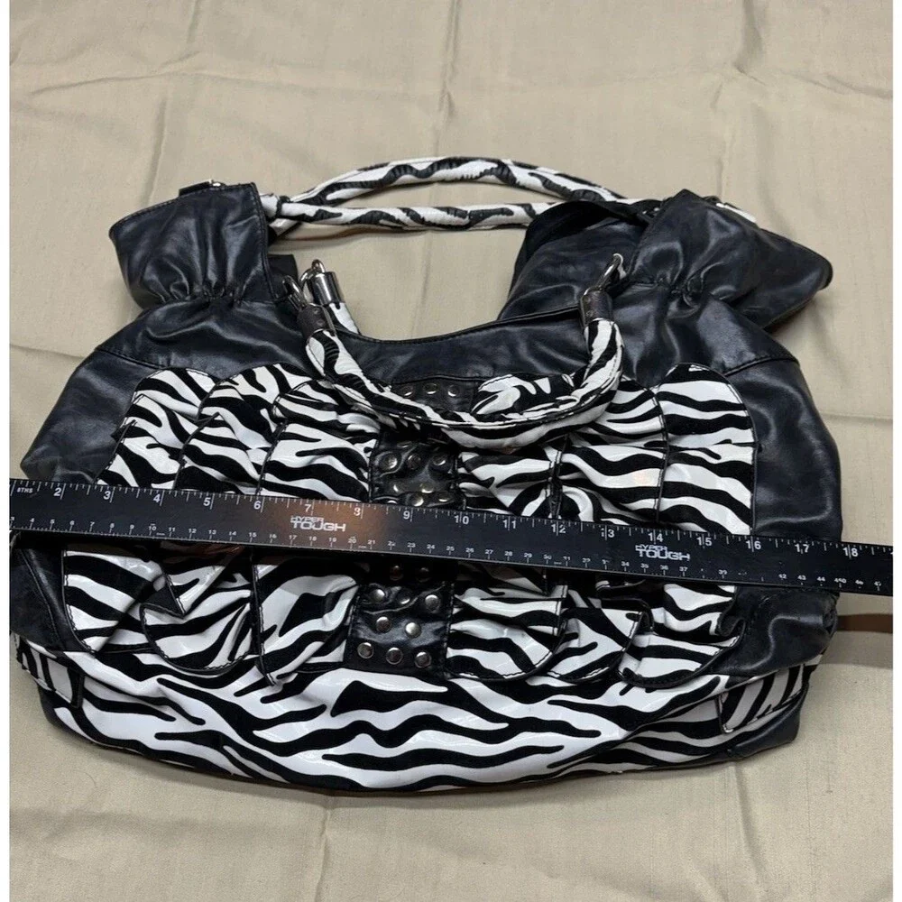 Vintage Y2K Zebra Print Ruffle Handbag Studded Hobo Bag Retro McBling Aesthetic - Picture 10 of 12
